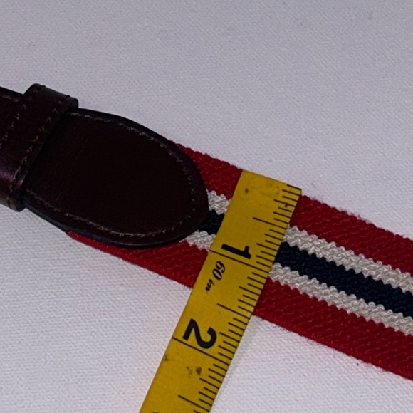 Genuine Leather Belt Silver Buckle Canvas Red White Blue Stretch Unisex Large - Picture 10 of 10